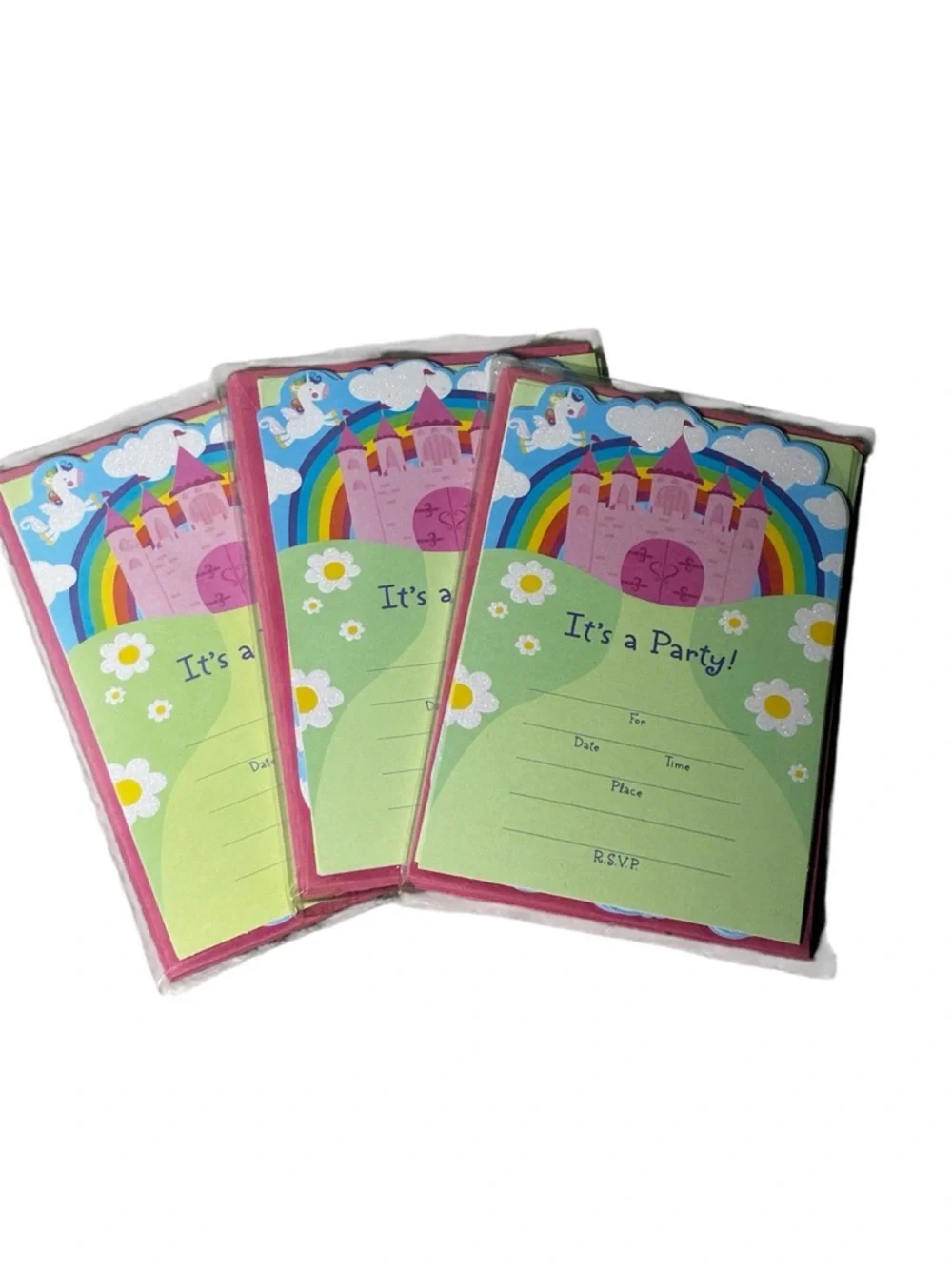 3 Packs Kids Party Invitations w/ Envelopes (30 Total) Rainbow Castle Theme
